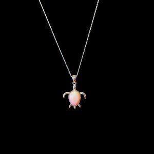 Pink Conch Sea Turtle Pendant Necklace Rhodium Plated Sterling Silver 18" Chain